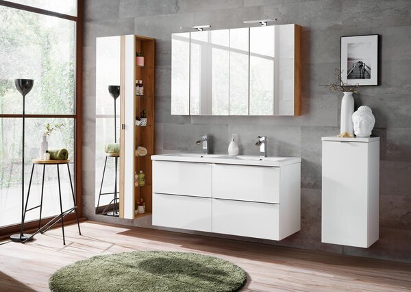 Comad Kúpeľňová skrinka stĺpik so zrkadlom Capri 803 1D biely lesk/dub craft zlatý