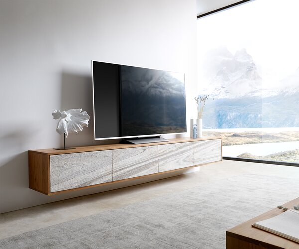 DELIFE TV stolík Kleo 220 cm akácia prírodná 4 dvierka závesný