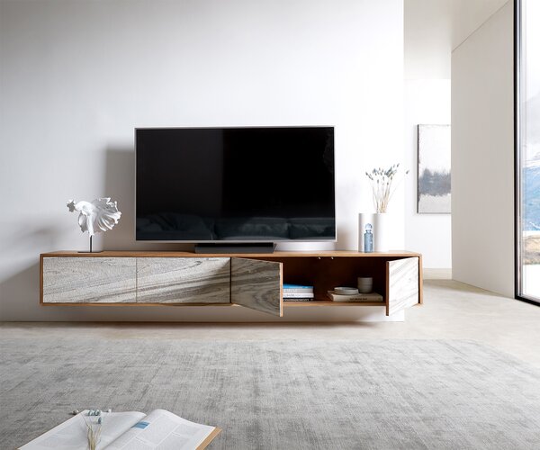 DELIFE TV stolík Kleo 220 cm akácia prírodná 4 dvierka závesný