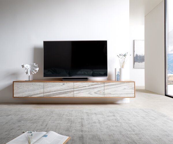 DELIFE TV stolík Kleo 220 cm akácia prírodná 4 dvierka závesný