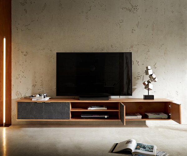 DELIFE TV stolík Teele 240 cm akácia prírodná bridlica 4 dvierka závesný