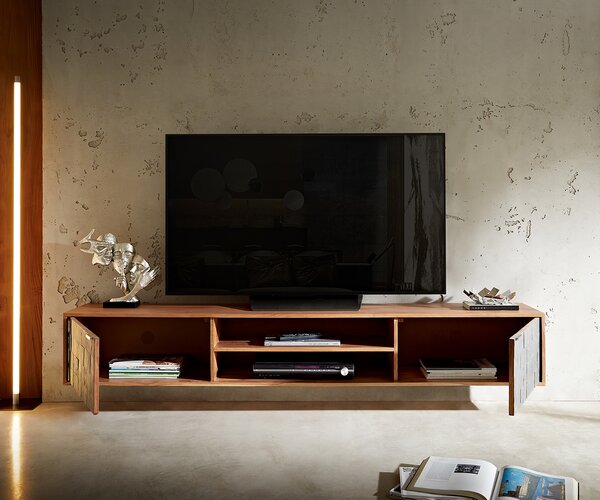 DELIFE TV stolík Teele 200 cm akácia prírodná bridlica 2 dvierka závesný