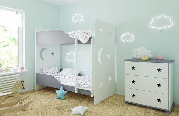 BabyBeds Detská poschodová posteľ STARS 180x80 hviezdičky Farebné prevedenie: Šedá, Úložný priestor k posteli: Nie, bez úložného priestoru