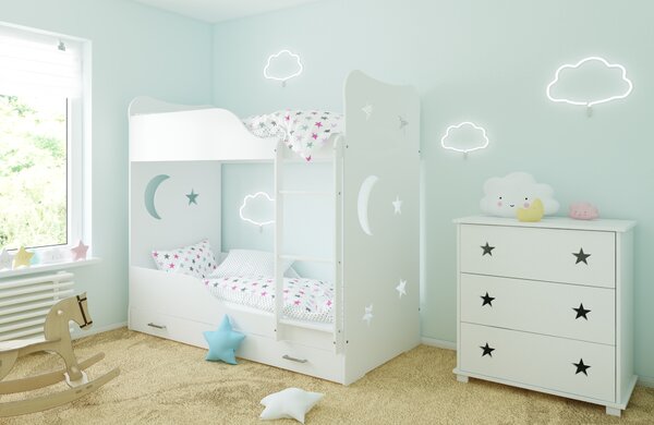 BabyBeds Detská poschodová posteľ STARS 180x80 hviezdičky Farebné prevedenie: Biela, Úložný priestor k posteli: Áno, s úložným priestorom
