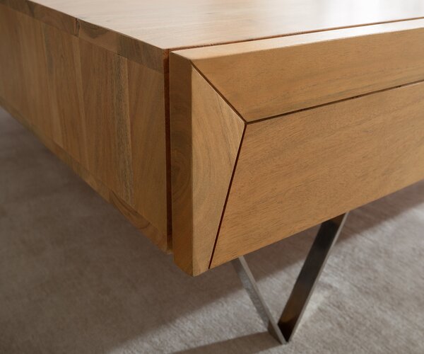 DELIFE Konferenčný stolík Kayu 60x60 cm akácia prírodná 2 zásuvky podstava v tvare V nerezová oceľ