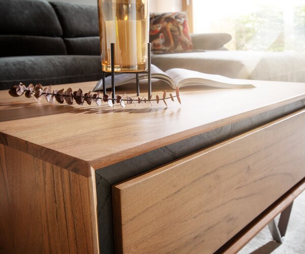 DELIFE Konferenčný stolík Stonegrace 80x60 cm akácia prírodná 2 zásuvky kamenná dyha