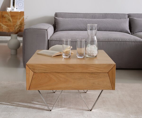 DELIFE Konferenčný stolík Kayu 60x60 cm akácia prírodná 2 zásuvky podstava v tvare V nerezová oceľ