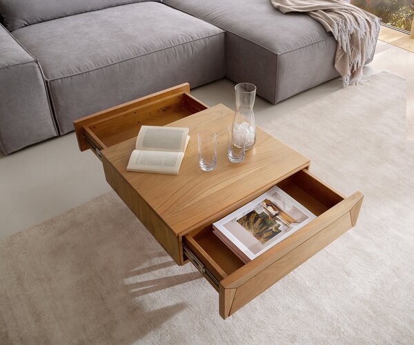 DELIFE Konferenčný stolík Kayu 60x60 cm akácia prírodná 2 zásuvky podstava v tvare V nerezová oceľ