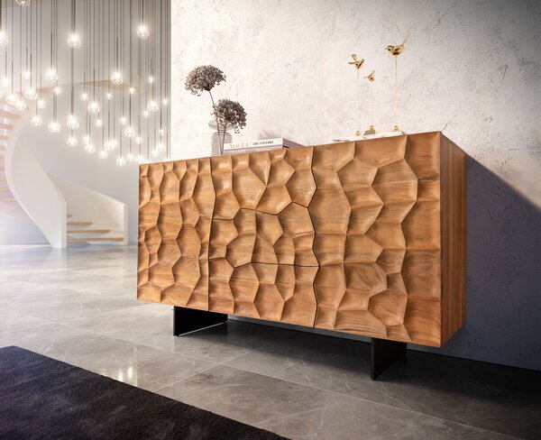 DELIFE Komoda Solu 145 cm akácia prírodná 2 dvierka 3 zásuvky závesná kov čierna 3D čelá