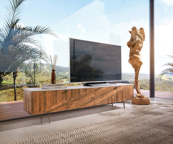 DELIFE TV stolík Bahan 200 cm mango teak 4 dvierka mramorová doska biela podstava v tvare L nerezová oceľ