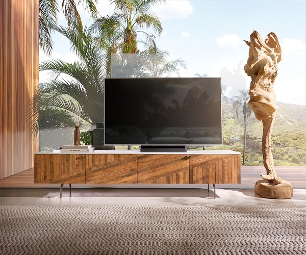DELIFE TV stolík Bahan 200 cm mango teak 4 dvierka mramorová doska biela podstava v tvare L nerezová oceľ