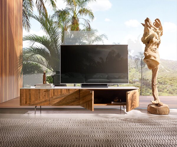 DELIFE TV stolík Bahan 200 cm mango teak 4 dvierka mramorová doska biela podstava v tvare L nerezová oceľ