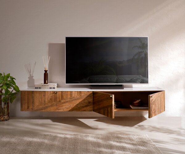 DELIFE TV stolík Bahan 200 cm mango teak 4 dvierka mramorová doska biela závesný