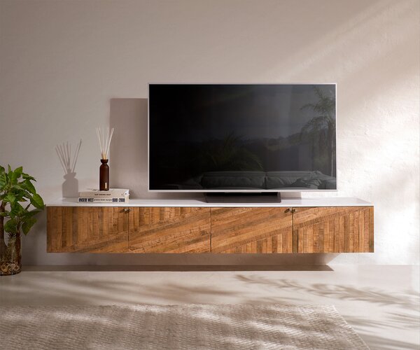 DELIFE TV stolík Bahan 200 cm mango teak 4 dvierka mramorová doska biela závesný
