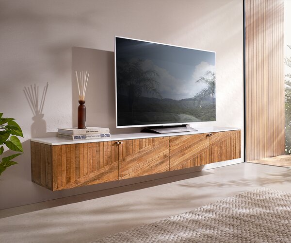 DELIFE TV stolík Bahan 200 cm mango teak 4 dvierka mramorová doska biela závesný