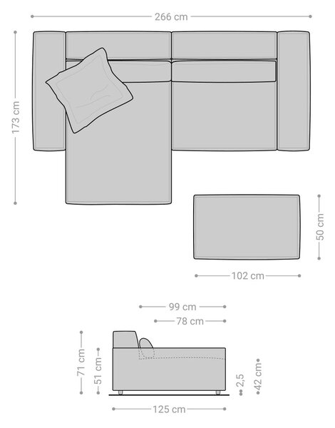 DELIFE Rohová pohovka Sirpio XL 270x170 cm manšester strieborno sivá variabilné ležadlo s taburetom