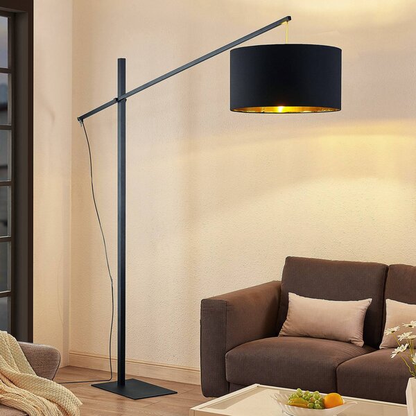 Arcchio Oblúková stojacia lampa Mossa, 200 cm, čierno-zlatá, textil, Čierna, Obývacia izba / jedáleň, kov, Moderný, Oblúková stojaca lampa