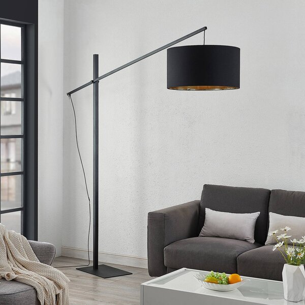 Arcchio Oblúková stojacia lampa Mossa, 200 cm, čierno-zlatá, textil, Čierna, Obývacia izba / jedáleň, kov, Moderný, Oblúková stojaca lampa