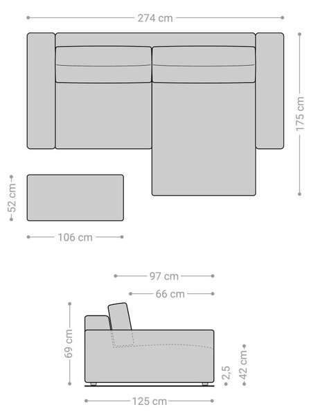DELIFE Rohová pohovka Lanzo XL 270x180 cm mikrovlákno sivá variabilné ležadlo s taburetom
