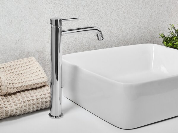 Vysoká kúpeľňová umývadlová batéria strieborná mosadz 30 cm chrómovaný povrch jednopáková doplnky moderný štýl kúpeľňa