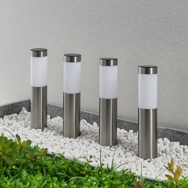 Lindby LED solárne svietidlo, sada 4 ks, zemný hrot, 31 cm, IP44, Hliník / sivá / zinok, Nehrdzavejúca oceľ, Moderný, Vonkajše bodové svietidlo / bodateľné do zeme