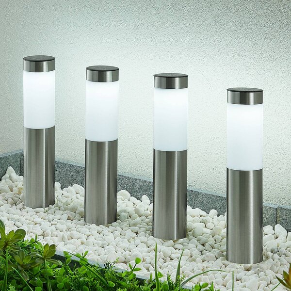 Lindby LED solárne svietidlo, sada 4 ks, zemný hrot, 31 cm, IP44, Hliník / sivá / zinok, Nehrdzavejúca oceľ, Moderný, Vonkajše bodové svietidlo / bodateľné do zeme