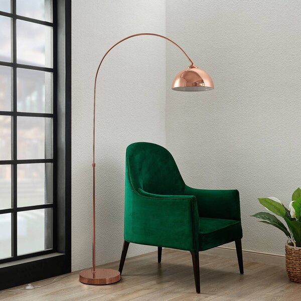 Lindby Oblúková lampa Lennart, medená, výškovo nastaviteľná, E27, Meď, Obývacia izba / jedáleň, kov, Moderný, Oblúková stojaca lampa