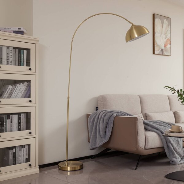 Oblúková lampa Lindby Lennart, mosadz, výškovo nastaviteľná, E27, Mosadz / zlato, Obývacia izba / jedáleň, kov, Moderný, Oblúková stojaca lampa