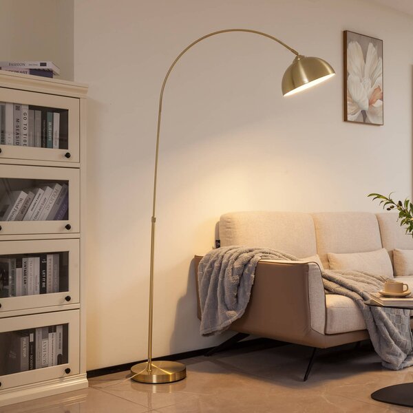 Oblúková lampa Lindby Lennart, mosadz, výškovo nastaviteľná, E27, Mosadz / zlato, Obývacia izba / jedáleň, kov, Moderný, Oblúková stojaca lampa