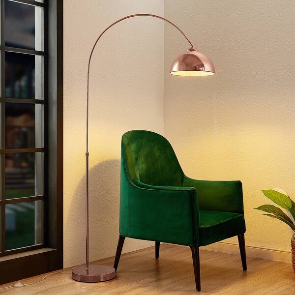 Lindby Oblúková lampa Lennart, medená, výškovo nastaviteľná, E27, Meď, Obývacia izba / jedáleň, kov, Moderný, Oblúková stojaca lampa