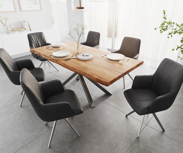 DELIFE Jedálenský stôl Edge 200x100 XL akácia prírodná krížová podstava obdĺžnik nerezová oceľ Live-Edge