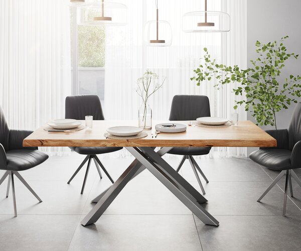 DELIFE Jedálenský stôl Edge 200x100 XL akácia prírodná krížová podstava obdĺžnik nerezová oceľ Live-Edge