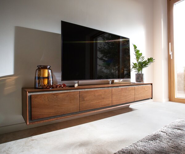 DELIFE TV stolík Stonegrace 200 cm akácia hnedá kamenná dyha 4 dvierka závesný