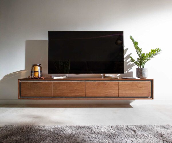 DELIFE TV stolík Stonegrace 200 cm akácia hnedá kamenná dyha 4 dvierka závesný