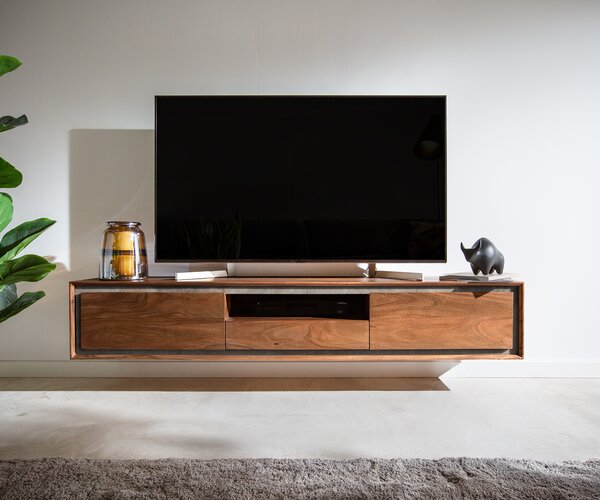 DELIFE TV stolík Stonegrace 175 cm akácia hnedá kamenná dyha 2 dvierka 1 zásuvka 1 priehradka závesný
