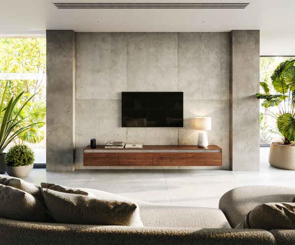 DELIFE TV stolík Stonegrace 240 cm akácia hnedá bridlica 4 dvierka závesný