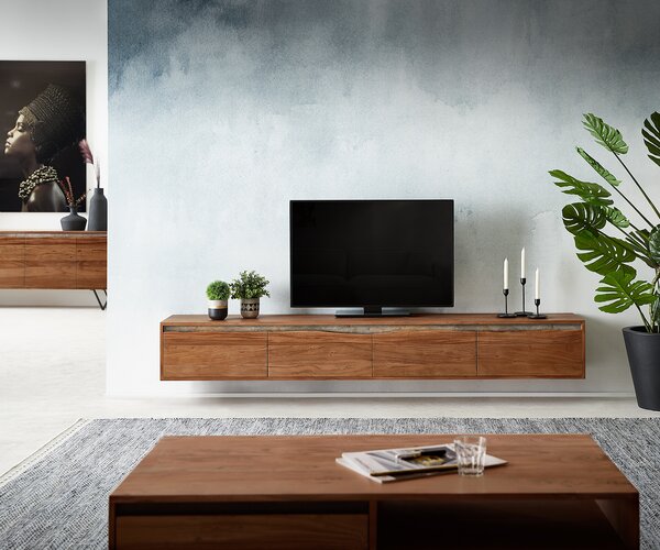 DELIFE TV stolík Stonegrace 220 cm akácia hnedá hrana z masívu 4 dvierka závesný