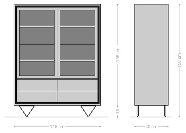 DELIFE Vitrína Stonegrace 120x150 cm akácia hnedá kamenná dyha 2 dvierka 4 zásuvky podstava v tvare V čierna