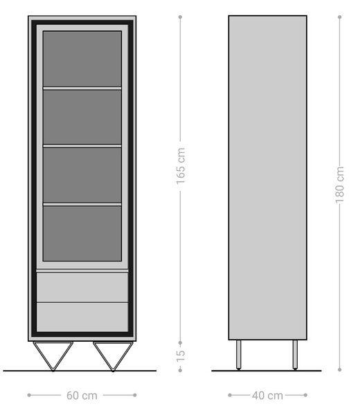 DELIFE Vitrína Stonegrace 55x180 cm akácia hnedá kamenná dyha 1 dvierka 2 zásuvky podstava v tvare V čierna