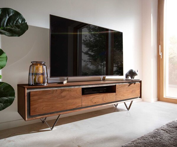 DELIFE TV stolík Stonegrace 175 cm akácia hnedá kamenná dyha 2 dvierka 1 zásuvka 1 priehradka podstava v tvare V čierna