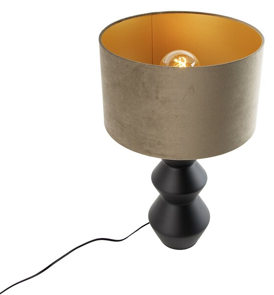 Dizajnová stolová lampa s čiernym zamatovým tienidlom taupe so zlatom 35 cm - Alisia