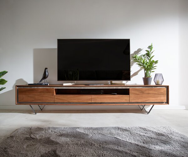 DELIFE TV stolík Stonegrace 240 cm akácia hnedá 2 dvierka 2 zásuvky 1 priehradka kamenná dyha podstava v tvare V čierna