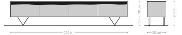 DELIFE TV stolík Stonegrace 220x35 cm akácia prírodná 4 dvierka masívna hrana