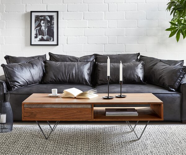 DELIFE Konferenčný stolík Stonegrace 115x60 cm akácia hnedá bridlica 2 zásuvky 1 priehradka podstava v tvare V čierna