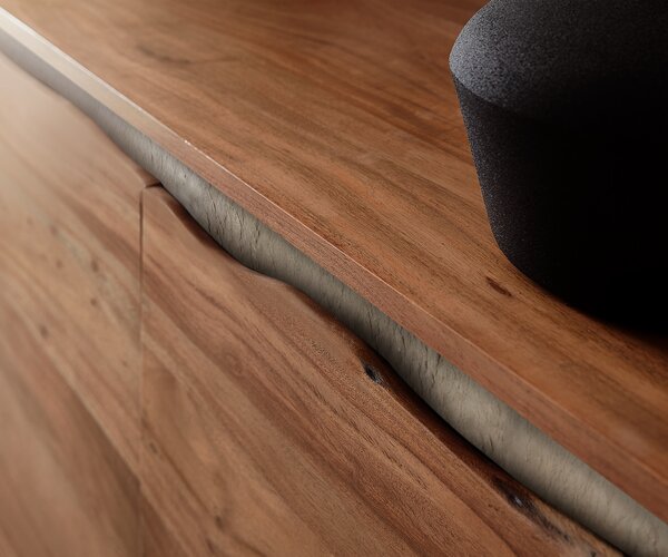 DELIFE TV stolík Stonegrace 220 cm akácia hnedá hrana 4 dvierka podstava v tvare V čierna