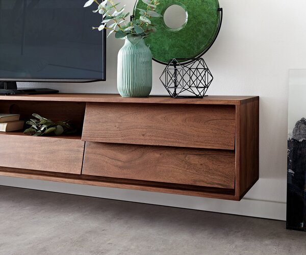 DELIFE TV stolík Eloi 240x35 cm akácia hnedá 2 dvierka 2 zásuvky závesný