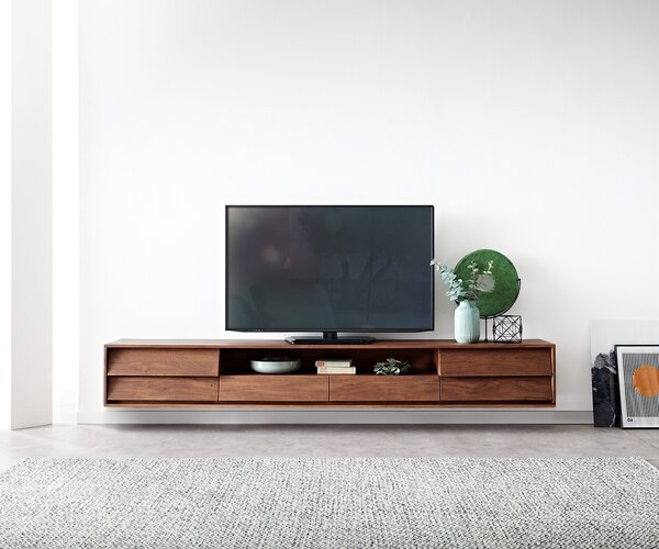 DELIFE TV stolík Eloi 240x35 cm akácia hnedá 2 dvierka 2 zásuvky závesný