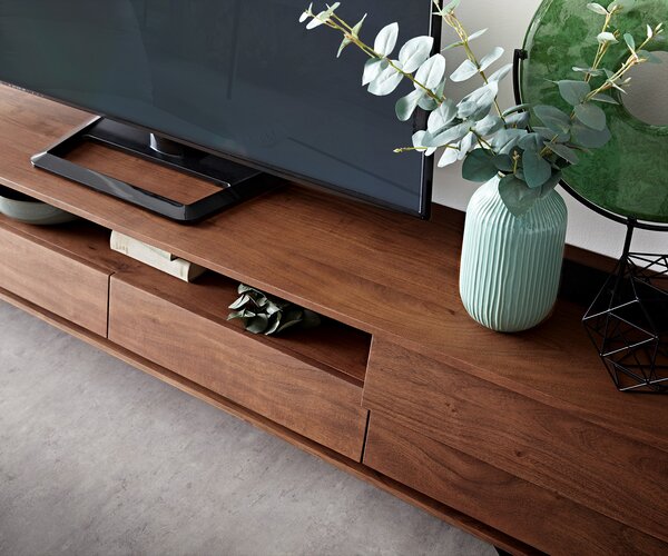 DELIFE TV stolík Eloi 240x35 cm akácia hnedá 2 dvierka 2 zásuvky podstava v tvare V čierna