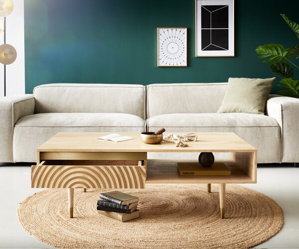 DELIFE Konferenčný stolík Budaya 115x60 cm mango prírodná 2 zásuvky podstava okrúhla