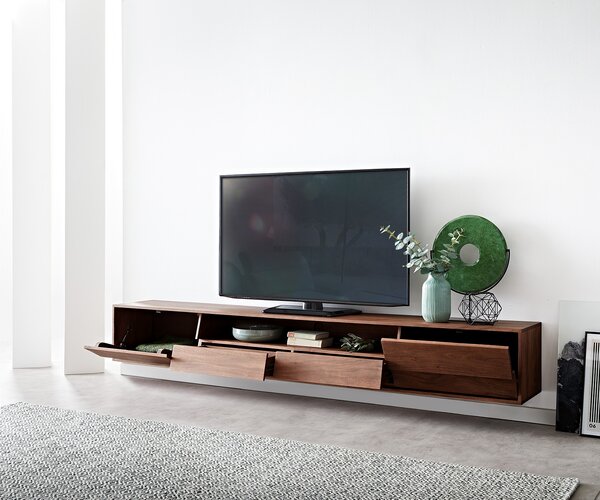 DELIFE TV stolík Eloi 240x35 cm akácia hnedá 2 dvierka 2 zásuvky závesný
